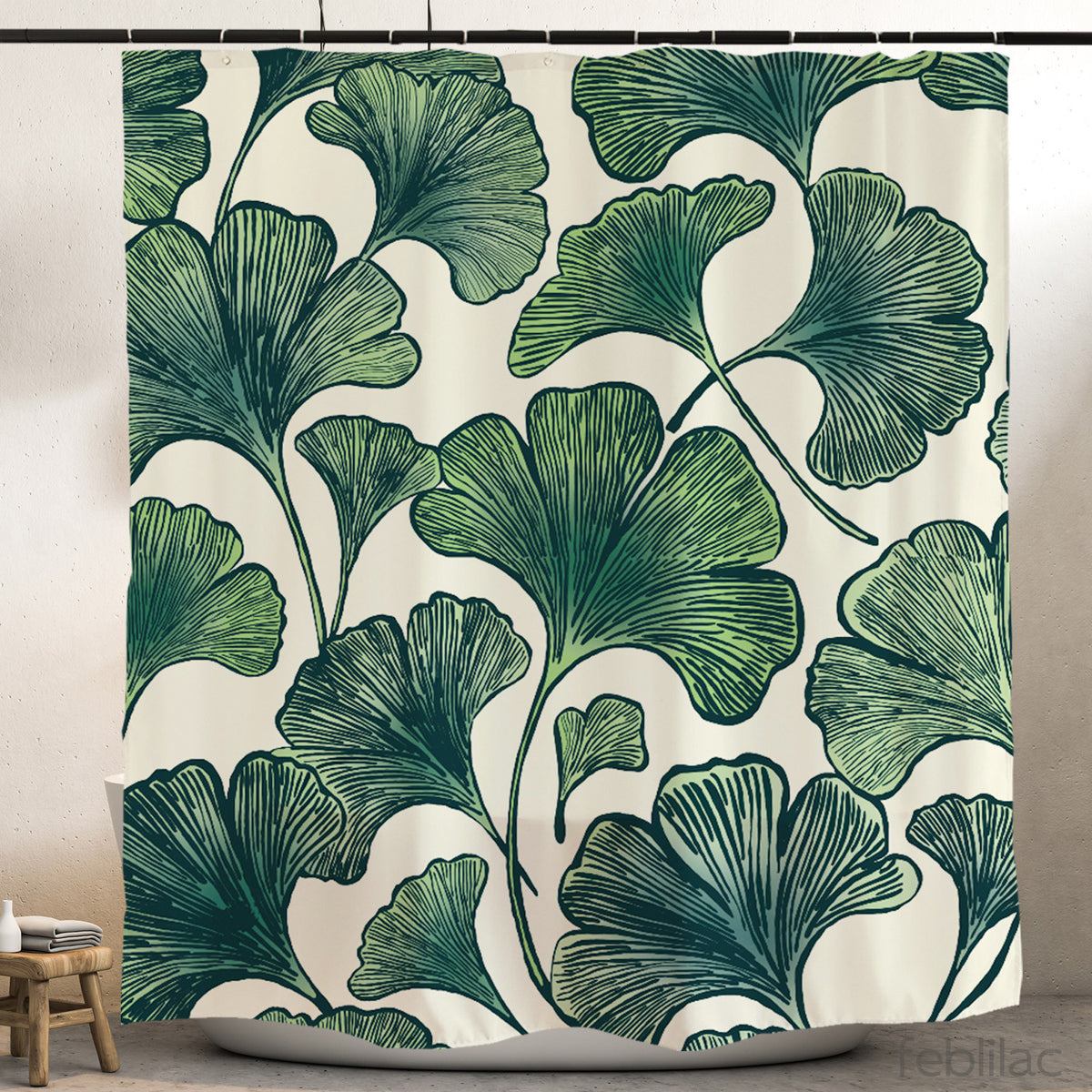 Feblilac Ginkgo Leaf Pattern shower curtain hanging in a bright bathroom