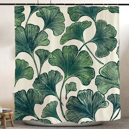 Feblilac Ginkgo Leaf Pattern shower curtain hanging in a bright bathroom
