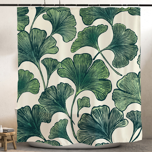 Feblilac Ginkgo Leaf Pattern shower curtain hanging in a bright bathroom