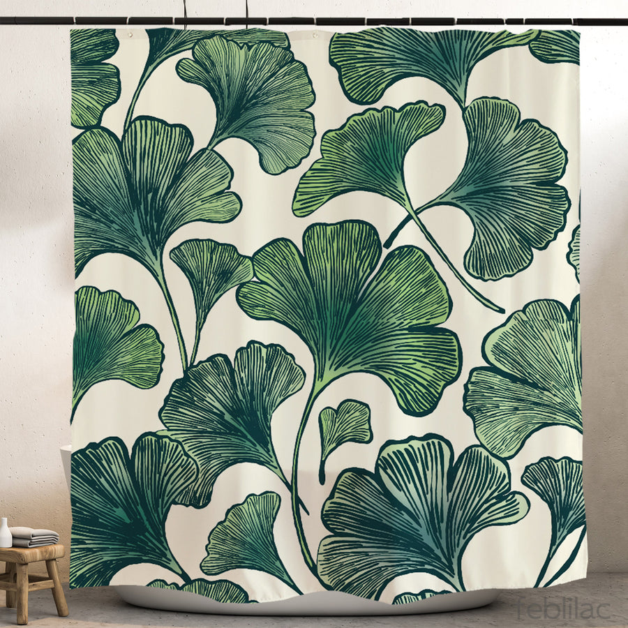 Feblilac Ginkgo Leaf Pattern shower curtain hanging in a bright bathroom