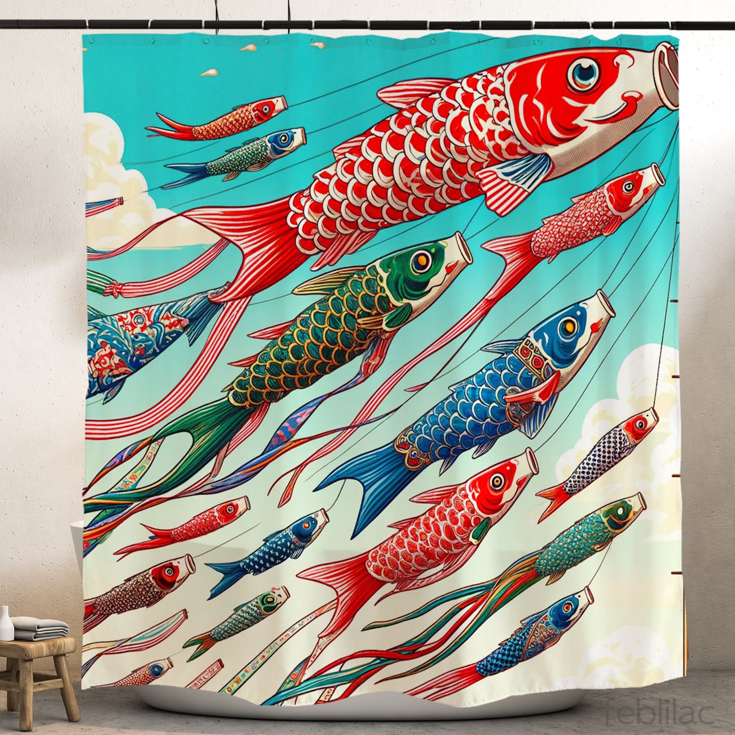 Feblilac Flying Koi Complex Version Shower Curtain with Hooks