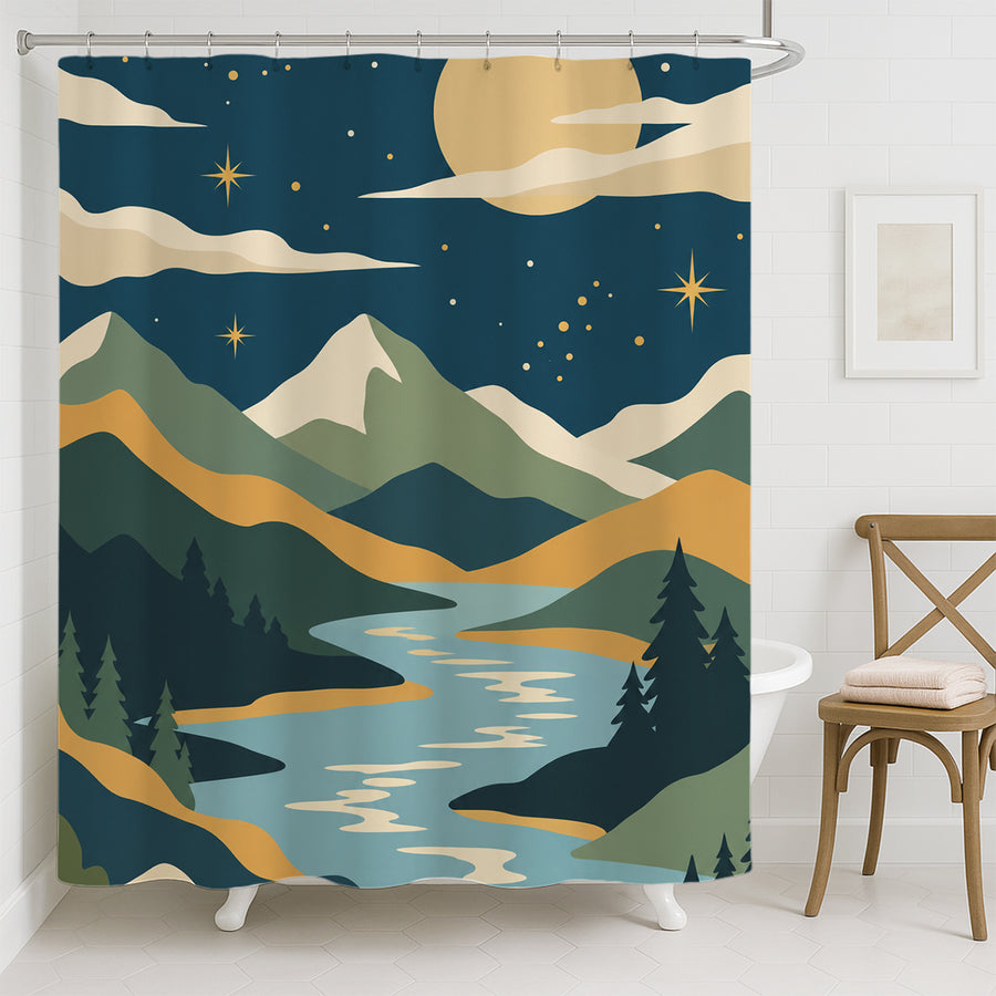 Feblilac Mountain Sun Moon shower curtain hanging in a bright bathroom