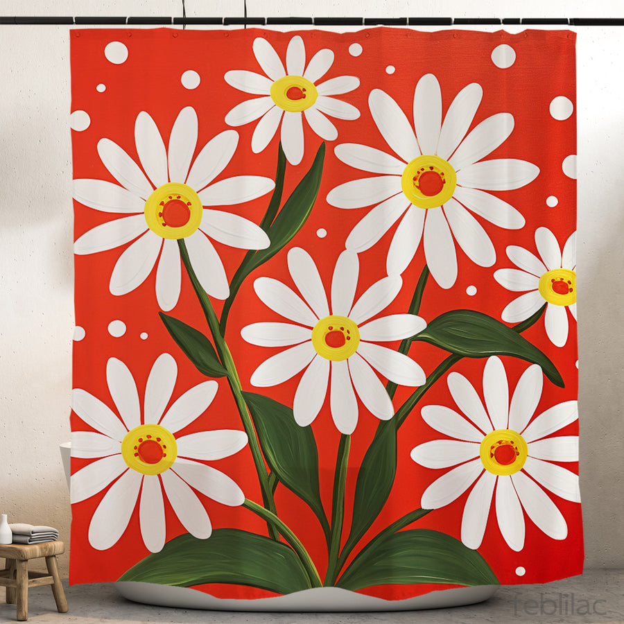 Feblilac Daisy Red Background Shower Curtain with Hook