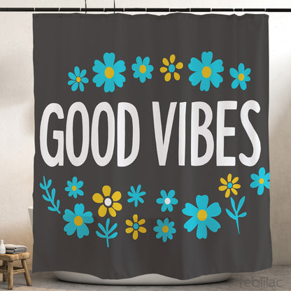 Feblilac Good Vibes Black Background Shower Curtain with Hooks