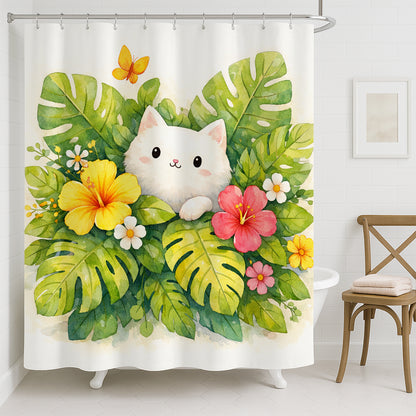 Feblilac Cute White Cat Tropical Leaves Shower Curtain, Watercolor Kitten Floral Bathroom Curtain