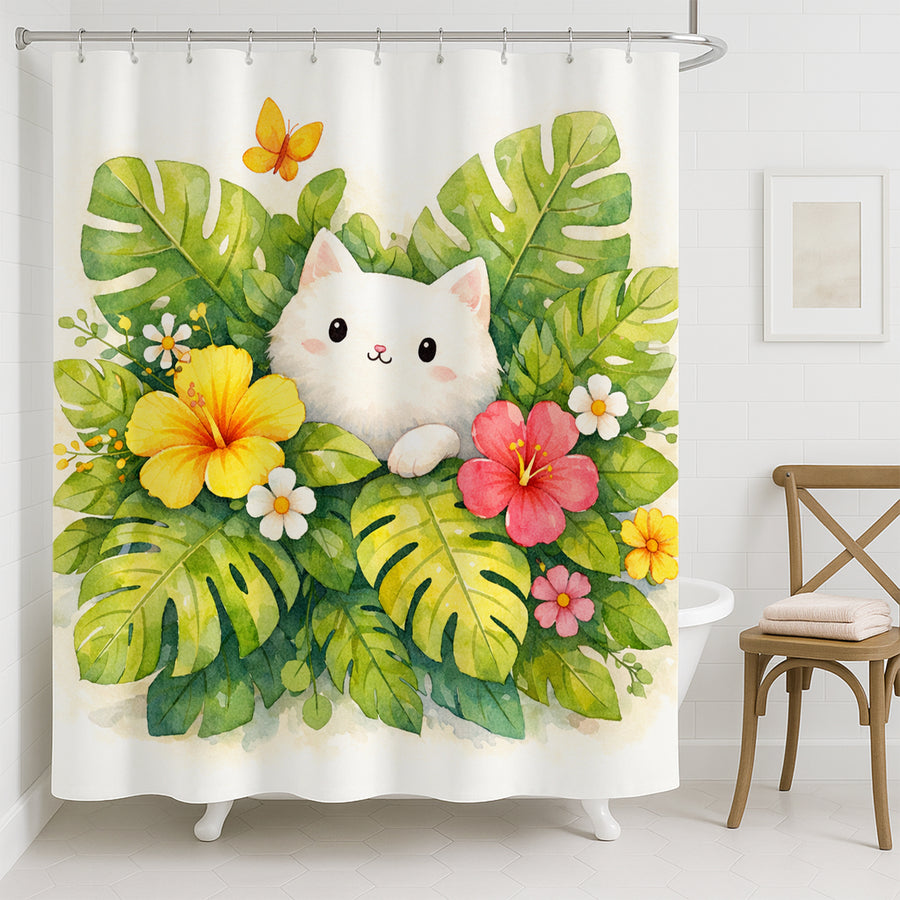 Feblilac Cute White Cat Tropical Leaves Shower Curtain, Watercolor Kitten Floral Bathroom Curtain