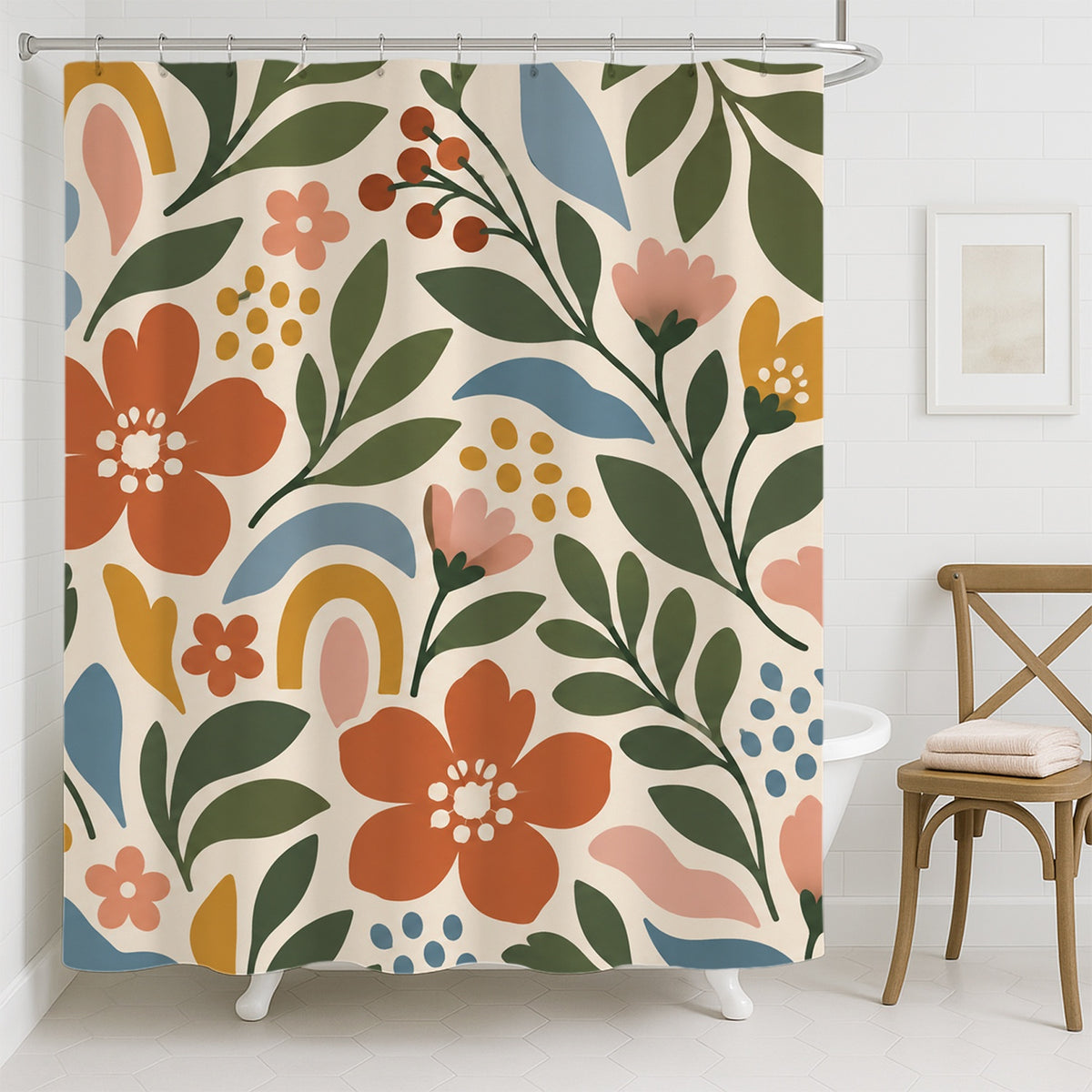Feblilac Modern Big Blooms shower curtain hanging in a bright bathroom