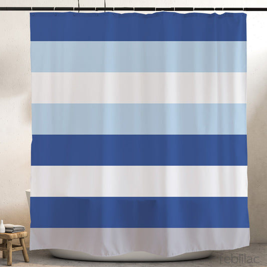 Feblilac Blue and White Stripes Shower Curtain with Hook