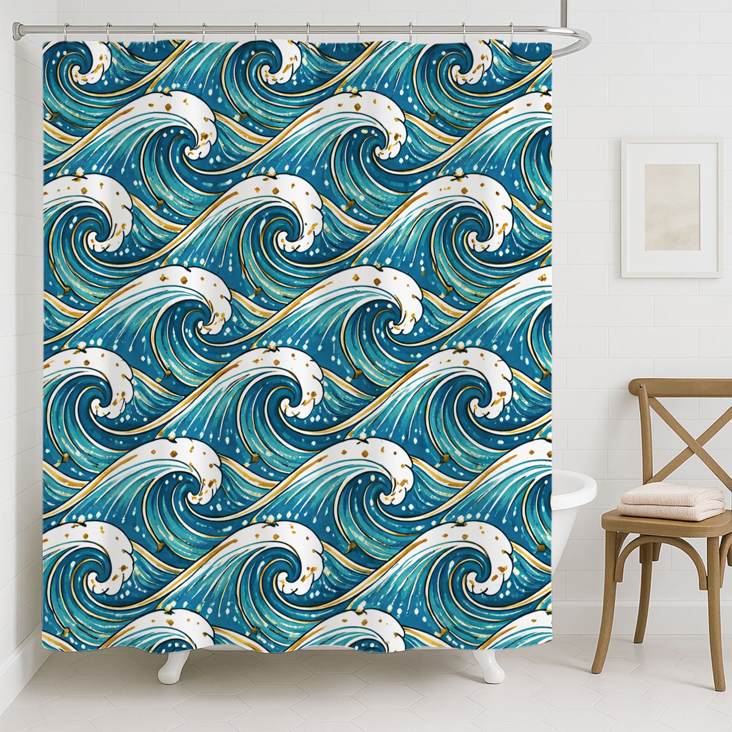 Feblilac Ocean Wave Shower Curtain, Teal Blue Japanese Wave Bathroom Curtain, Coastal Art Waterproof Polyester Curtain
