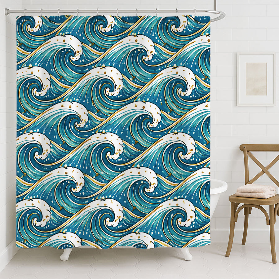 Feblilac Ocean Wave Shower Curtain, Teal Blue Japanese Wave Bathroom Curtain, Coastal Art Waterproof Polyester