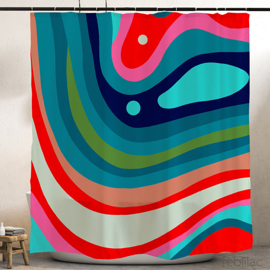 Feblilac Blue Orange Green Curve Texture Shower Curtain with Hook