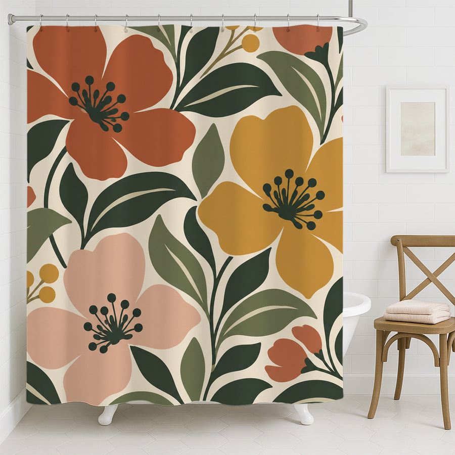 Feblilac Yellow Bloom shower curtain hanging in a bright bathroom