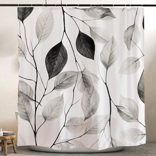 Feblilac Black and White Leaf Texture Shower Curtain with Hook