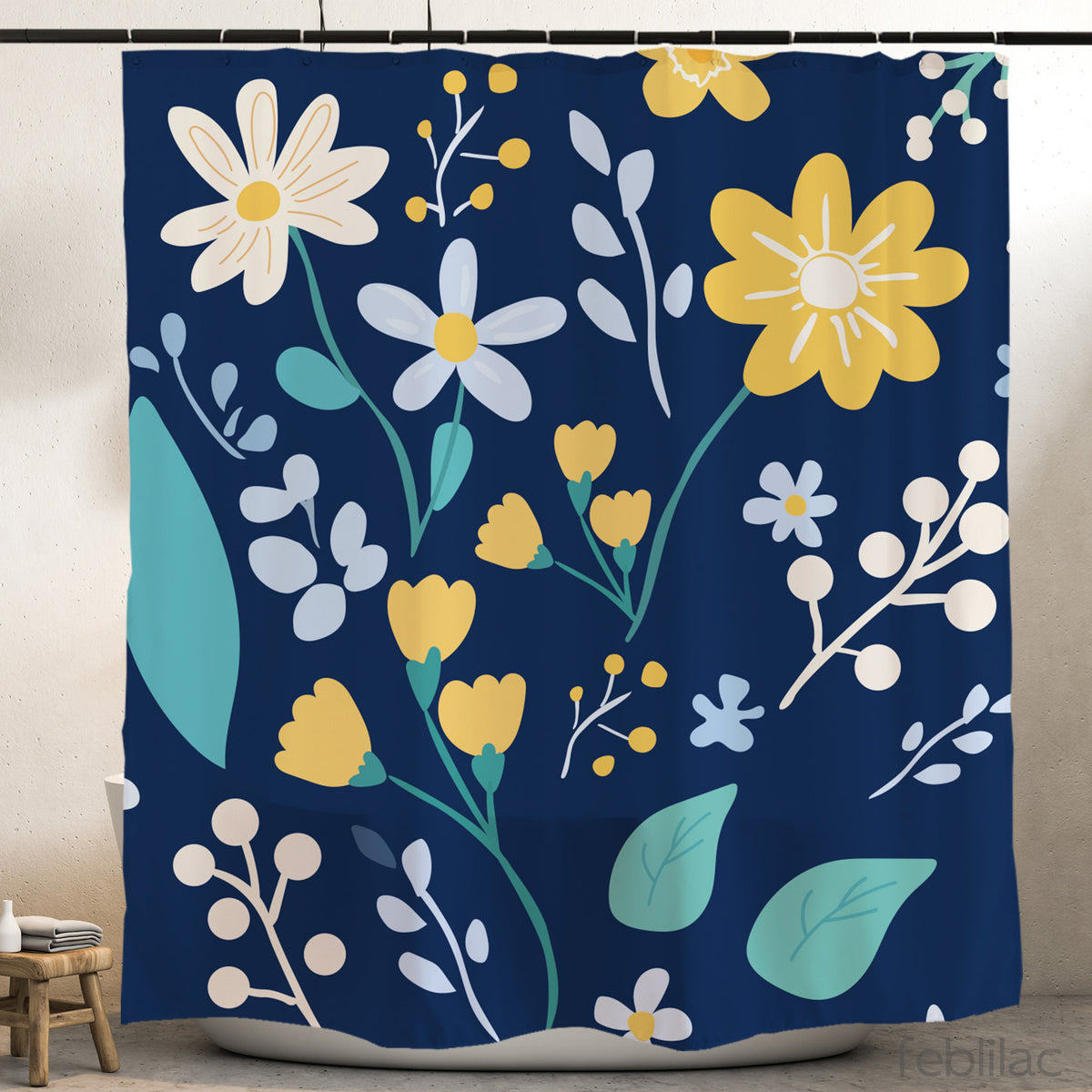 Feblilac Flower Pattern shower curtain hanging in a bright bathroom