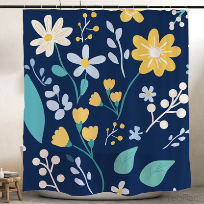 Feblilac Flower Pattern shower curtain hanging in a bright bathroom