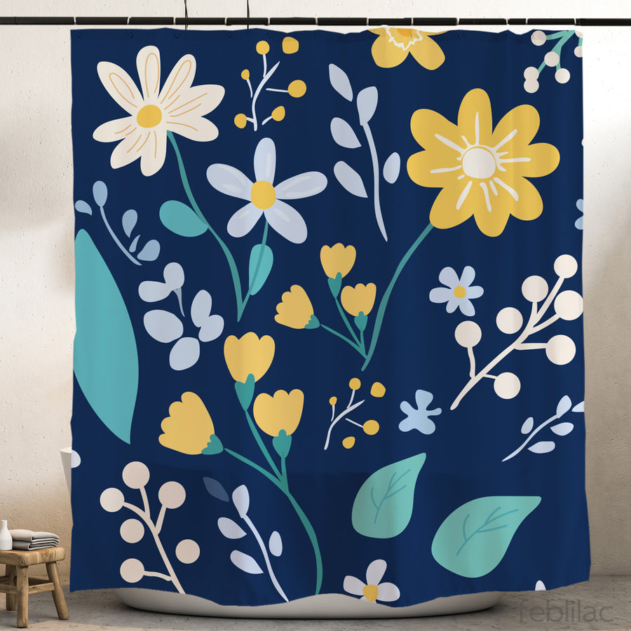 Feblilac Flower Pattern shower curtain hanging in a bright bathroom