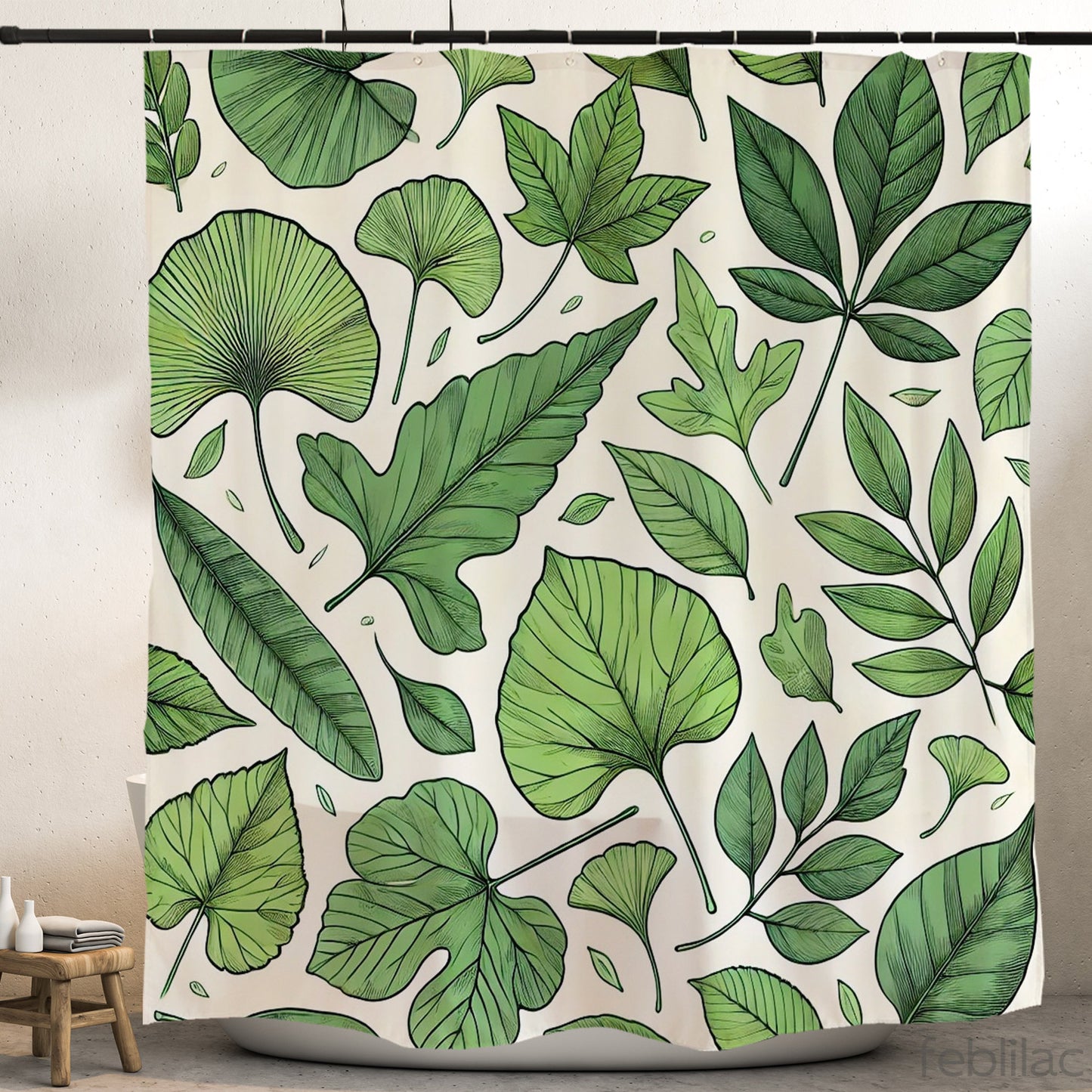 Feblilac Repeating Green Leaf Pattern Shower Curtain with Hooks