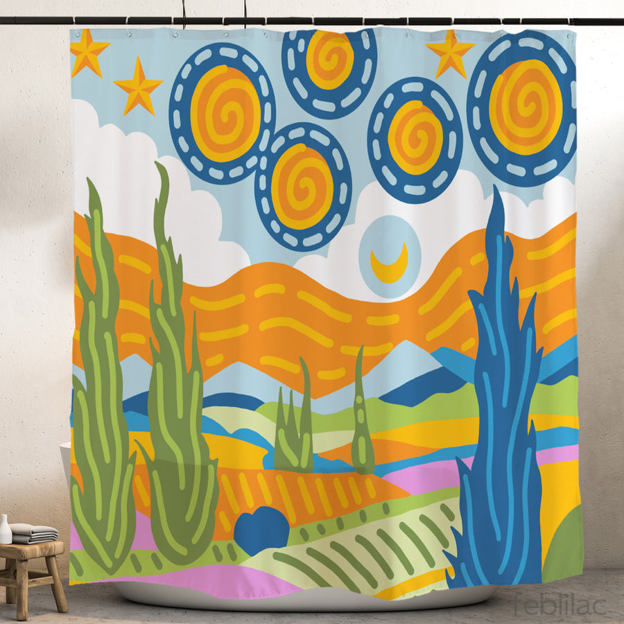 Feblilac Van Gogh Wheat Field Starry Sky Shower Curtain with Hook