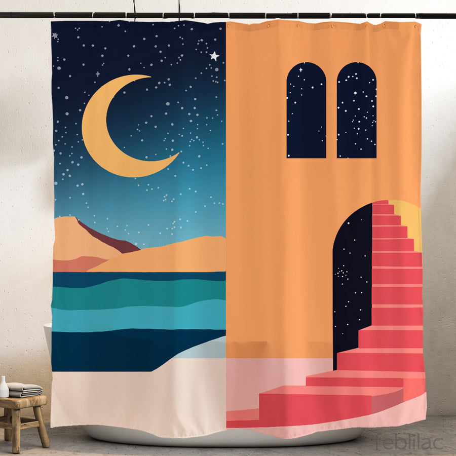 Feblilac Simple Style House Mountains Shower Curtain with Hook