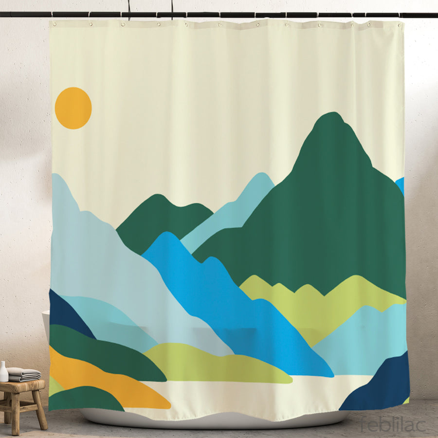 Feblilac Green Orange Mountains Sun Shower Curtain with Hook