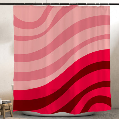 Feblilac Minimal Abstract Curves shower curtain hanging in a bright bathroom