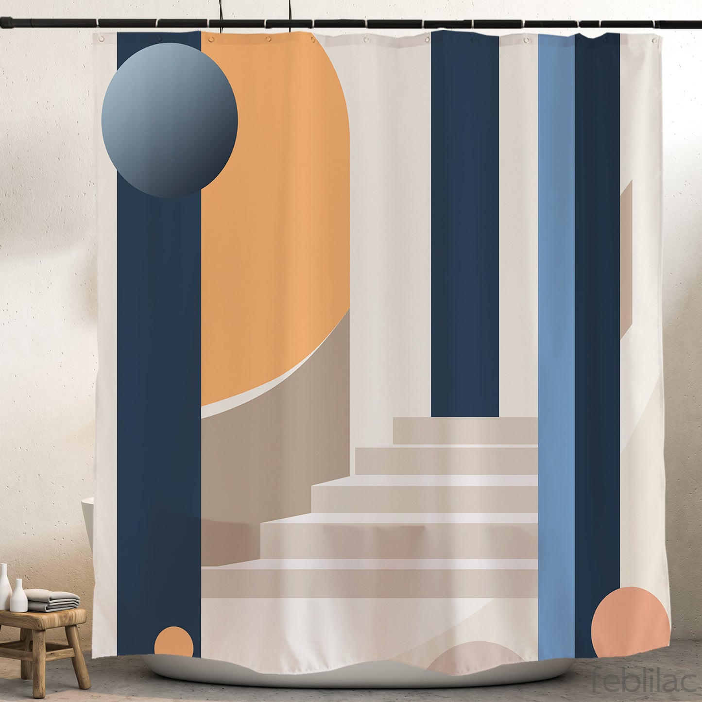 Feblilac Modern Simple Staircase Shower Curtain with Hook