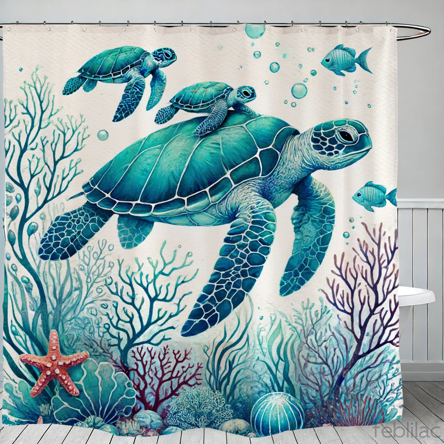 Feblilac Sea Turtle Mother and Child Watercolor Shower Curtain with Hooks - view 2