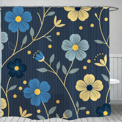 Feblilac Japanese Blue and Gold Flowers Shower Curtain with Hooks