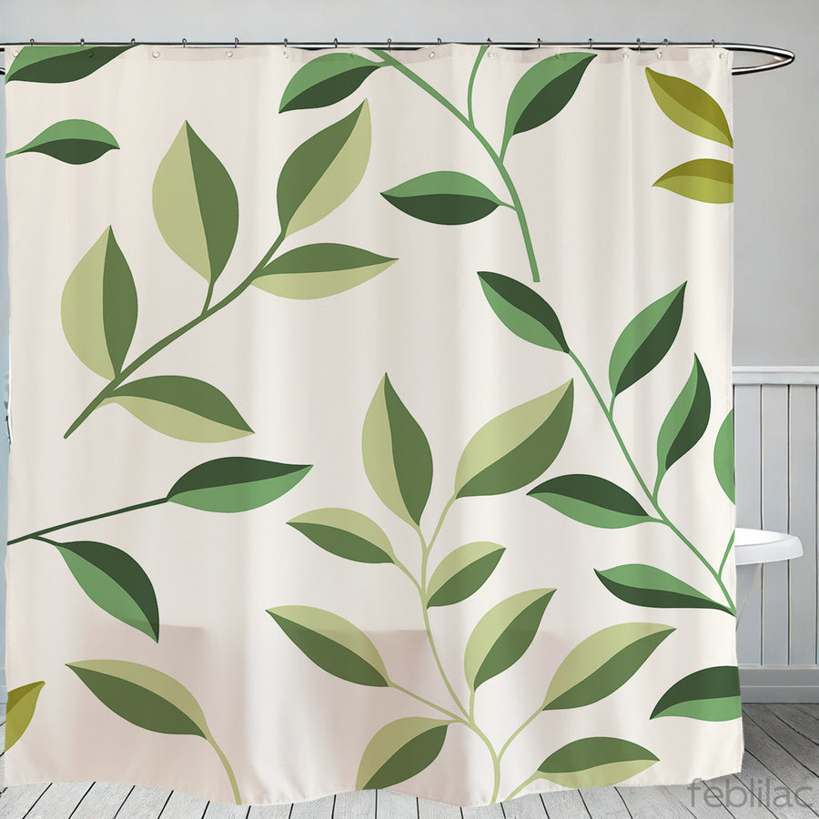 Feblilac Small Leaves Green Beige Background Shower Curtain with Hook - view 2