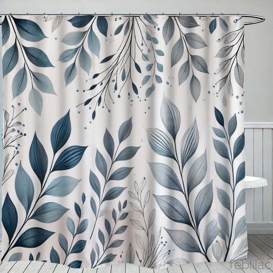 Feblilac Blue Leaf Shower Curtain with Hooks - view 2