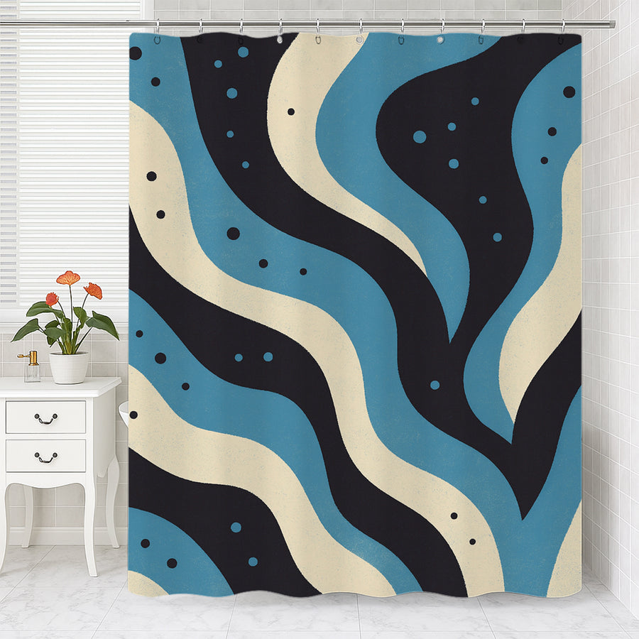 Feblilac Blue Black Smoke shower curtain with a bathtub and folded towels