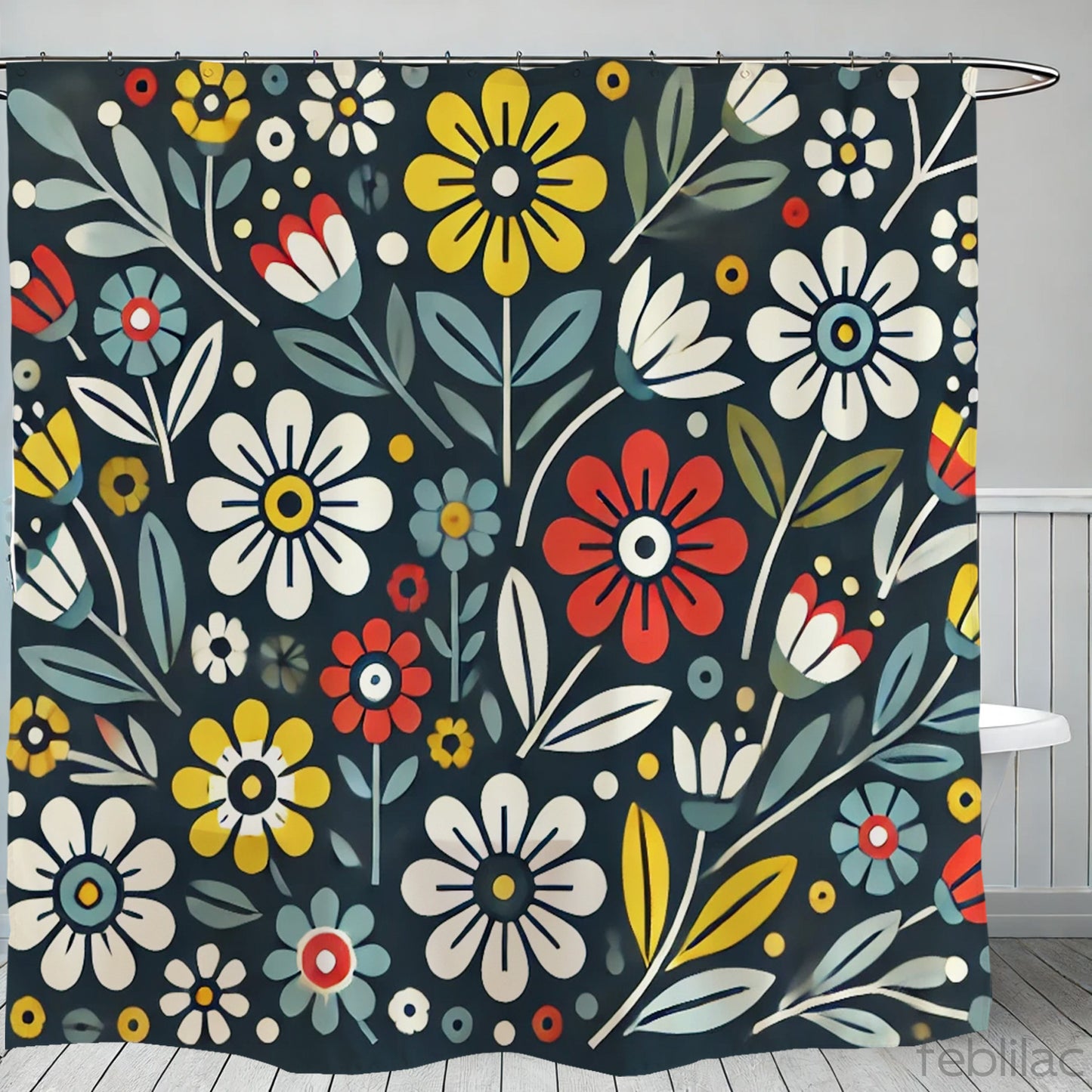 Feblilac Dark Background Flowers Shower Curtain with Hooks