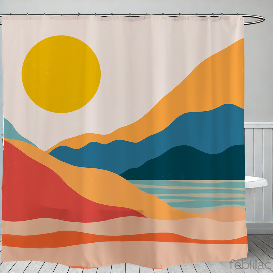 Feblilac Red Orange Blue Lake Sunset Shower Curtain with Hook - view 2