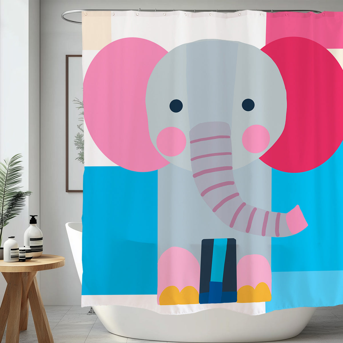 Feblilac Abstract Elephant shower curtain with a bathtub and folded towels