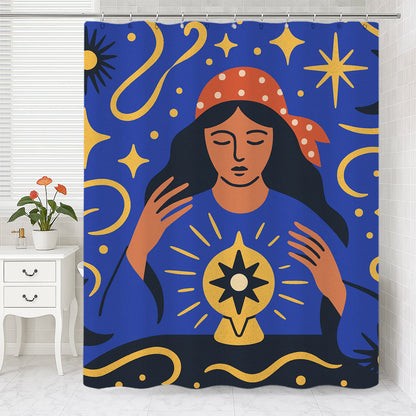 Feblilac Gypsy Under the Stars shower curtain with a bathtub and folded towels