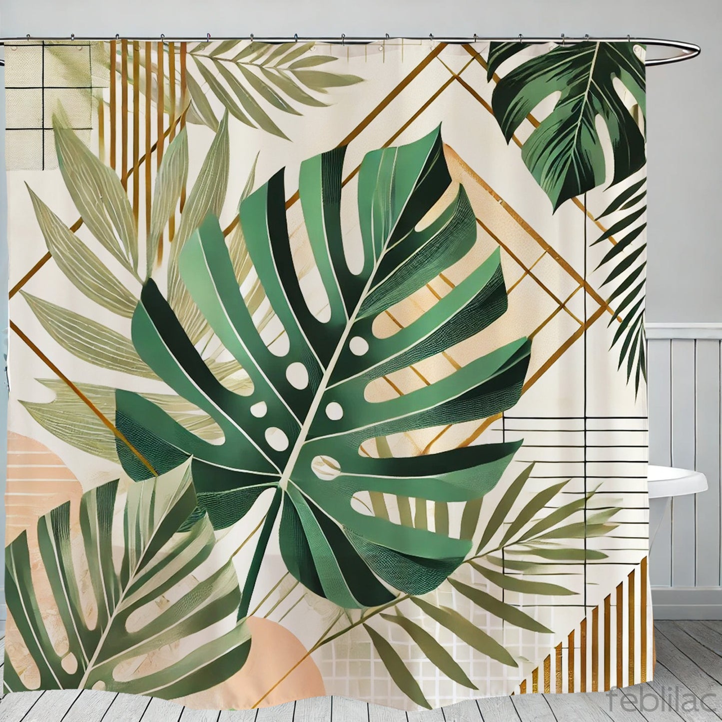 Feblilac Leaves and Geometric Shower Curtain with Hooks