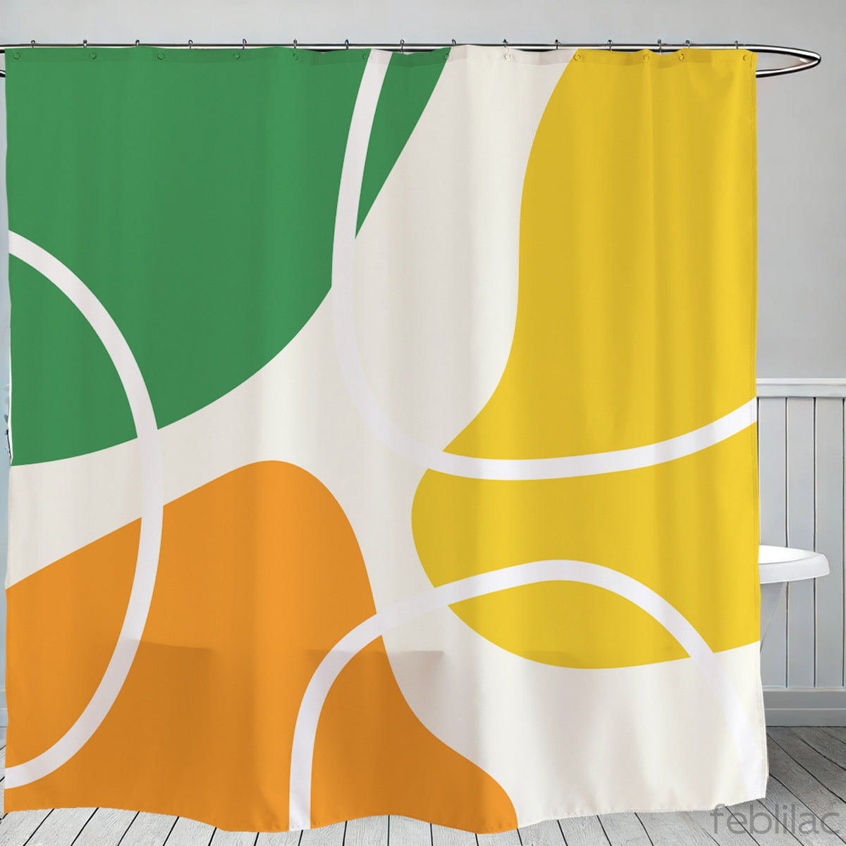 Feblilac Red Yellow Green Abstract Curves shower curtain with a bathtub and folded towels