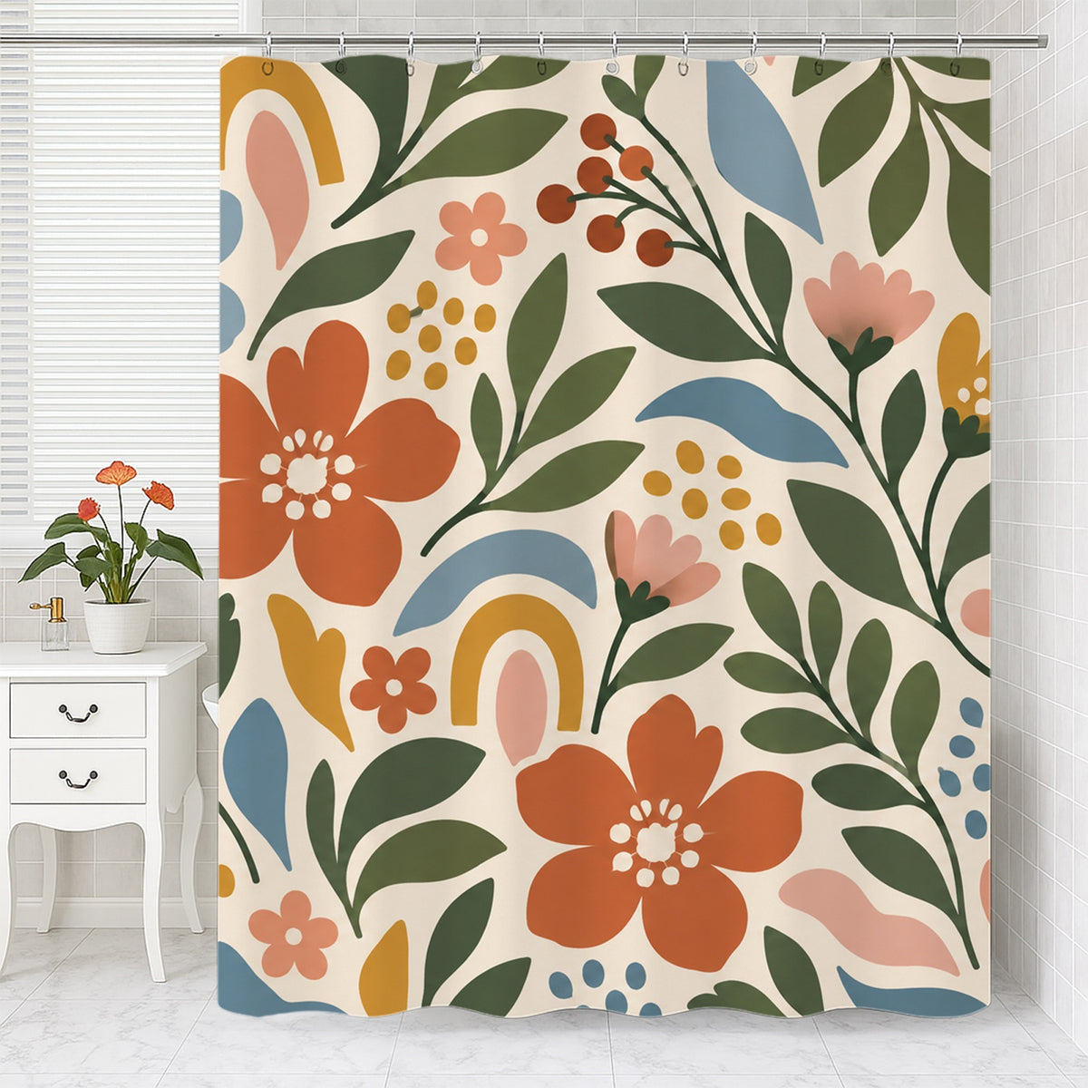 Feblilac Modern Big Blooms shower curtain with a bathtub and folded towels