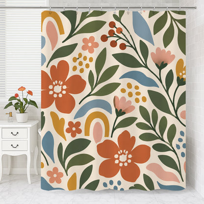Feblilac Modern Big Blooms shower curtain with a bathtub and folded towels