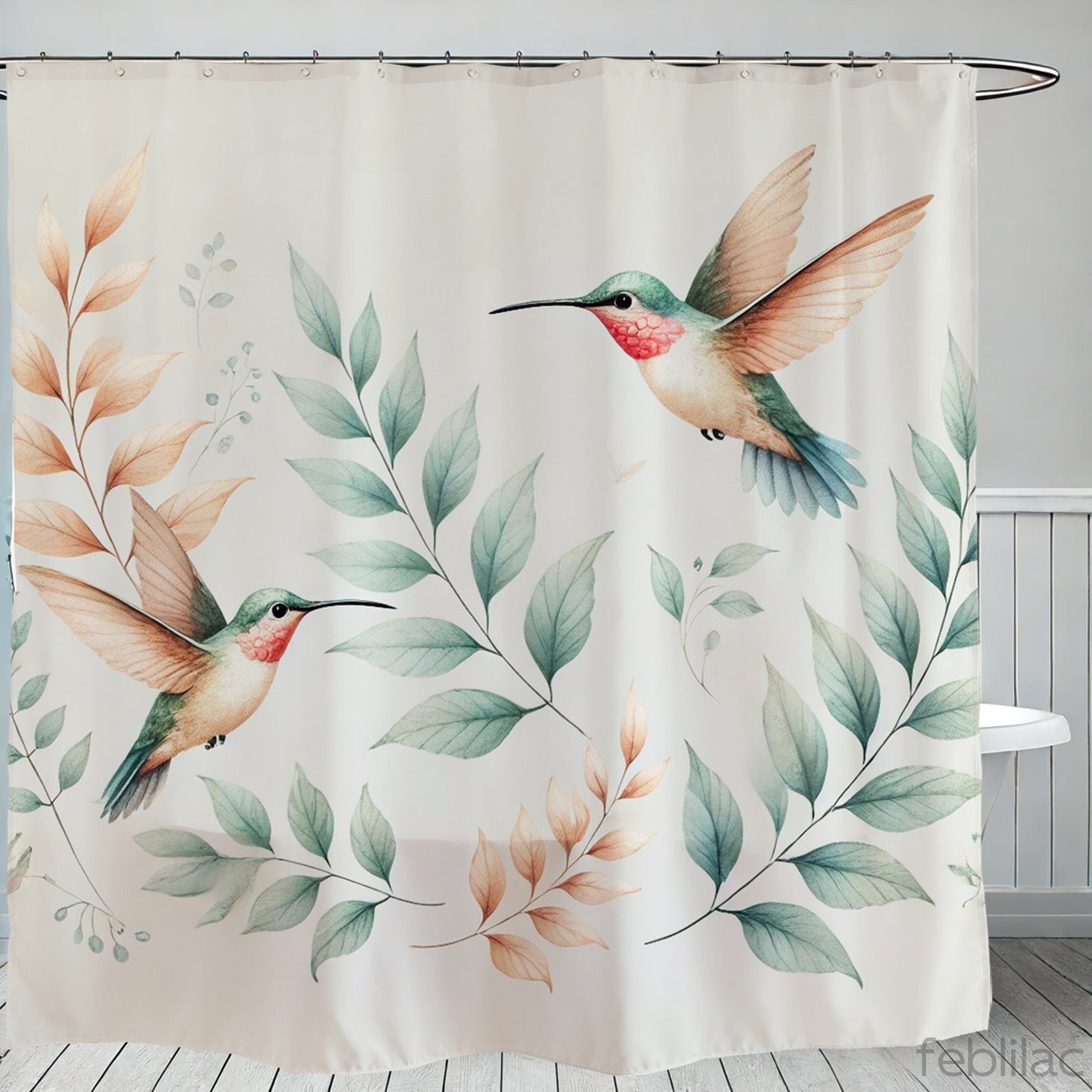 Feblilac Hummingbird and Leaves Shower Curtain with Hooks