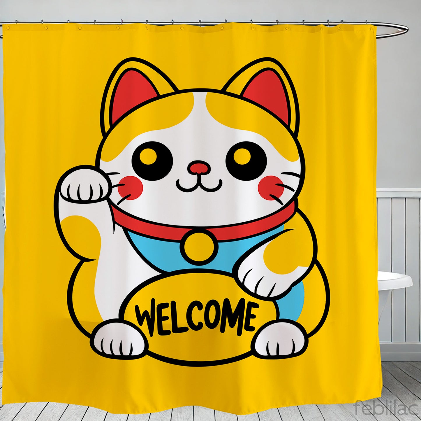 Feblilac Lucky Cat Welcome Shower Curtain with Hooks