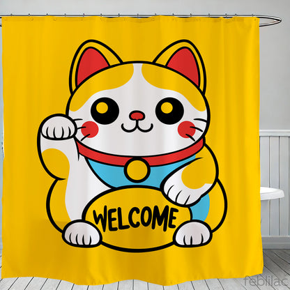 Feblilac Lucky Cat Welcome Shower Curtain with Hooks