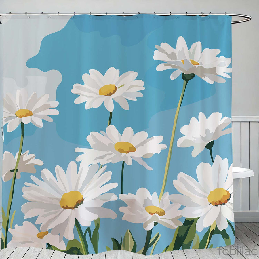 Feblilac Blue Sky Daisies shower curtain with a bathtub and folded towels