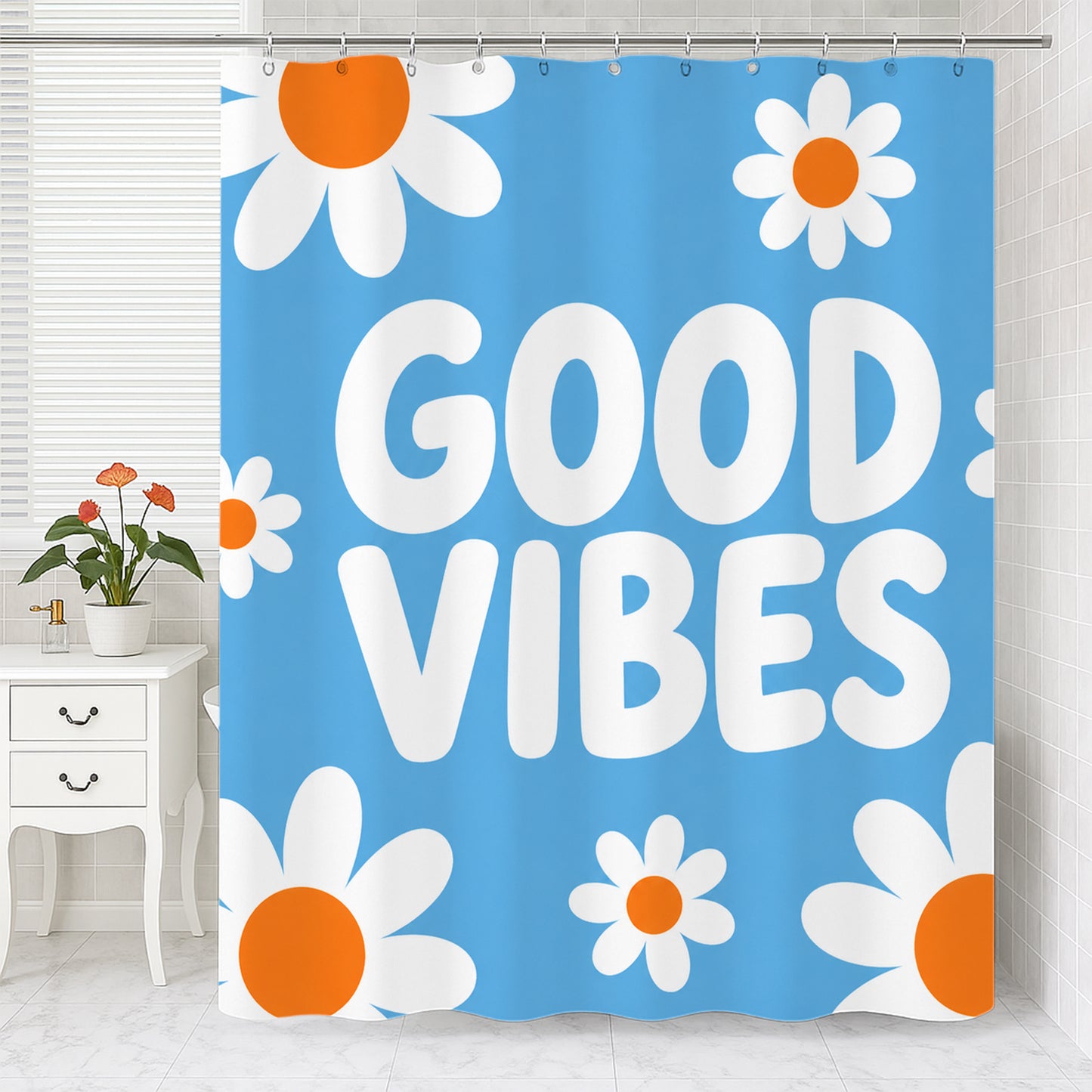 Feblilac Good Vibes Daisy Shower Curtain – Blue Floral Bathroom Curtain