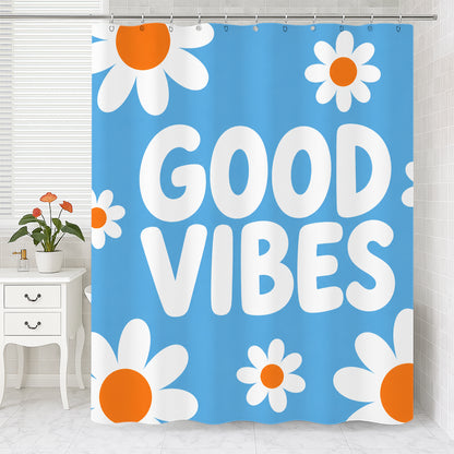 Feblilac Good Vibes Daisy Shower Curtain – Blue Floral Bathroom Curtain