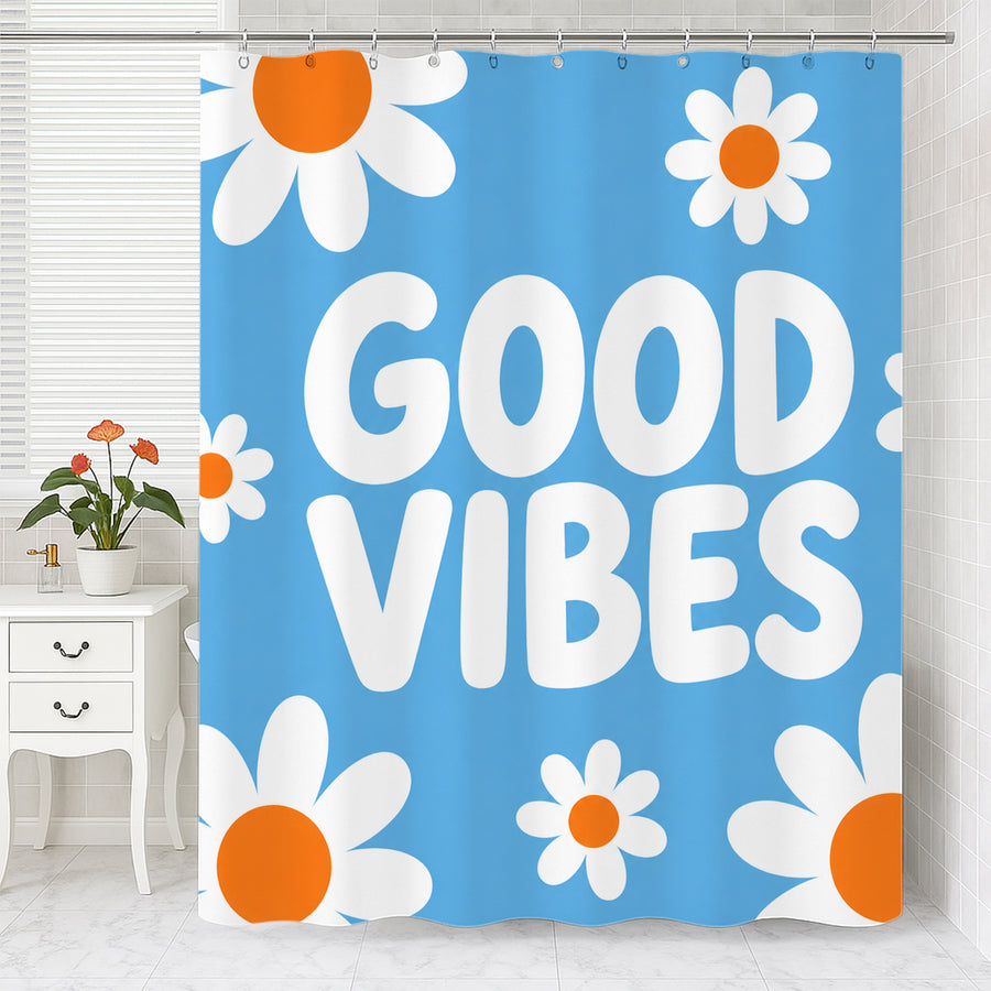 Feblilac Good Vibes Daisy Shower Curtain – Blue Floral Bathroom Curtain - view 2