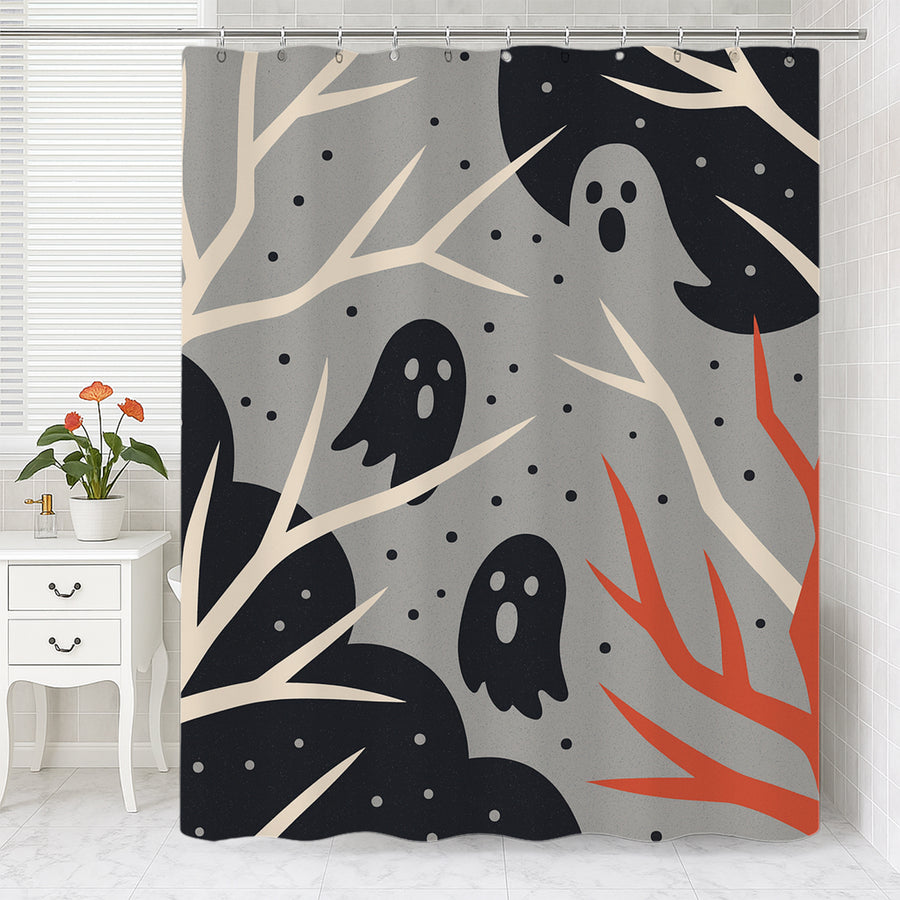 Feblilac Halloween Forest shower curtain with a bathtub and folded towels