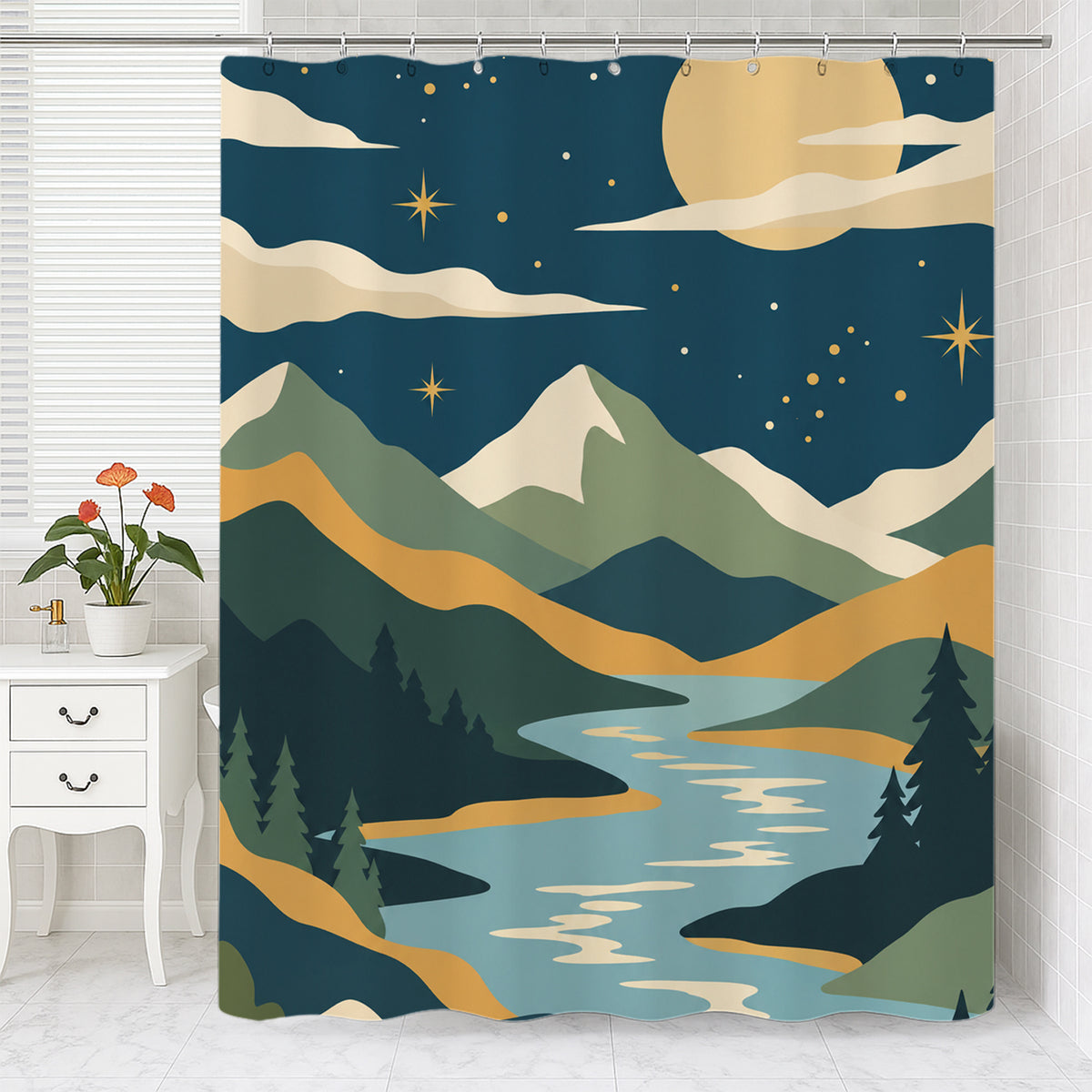 Feblilac Mountain Sun Moon shower curtain with a bathtub and folded towels