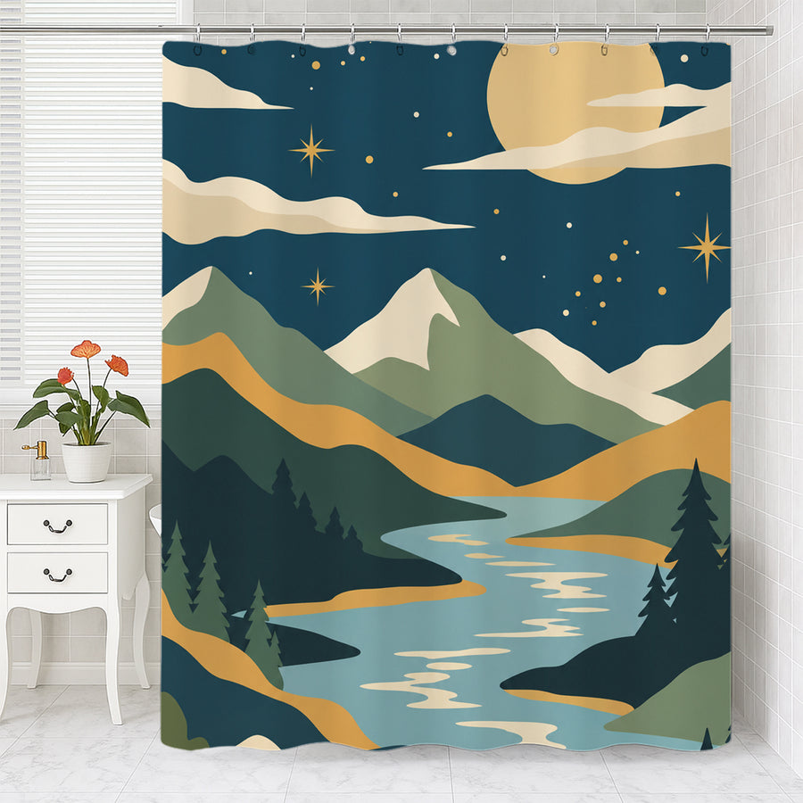 Feblilac Mountain Sun Moon shower curtain with a bathtub and folded towels