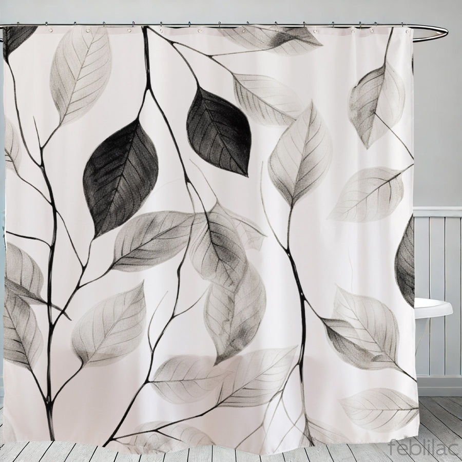 Feblilac Black and White Leaf Texture Shower Curtain with Hook - view 2